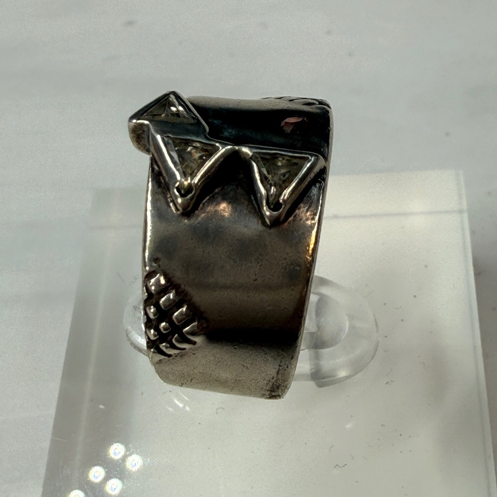 Sterling Silver 925 Wide Band Ring Geometric Red & Clear Stones Size 7 9.5g - Picture 2 of 8